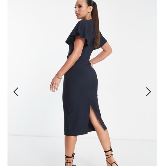 ASOS Midi dress Flounce Cape Angel Sleeve Pockets V neckline Navy blue Sz 10 - Picture 1 of 15